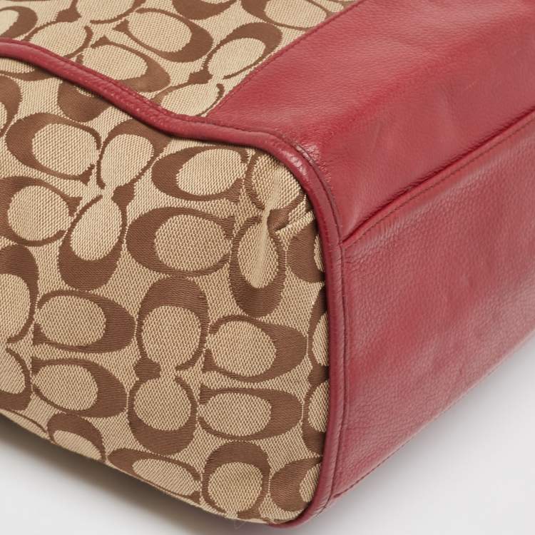 Pre Owned Coach Beige/Burgundy Signature Canvas and Leather Carrie Tote