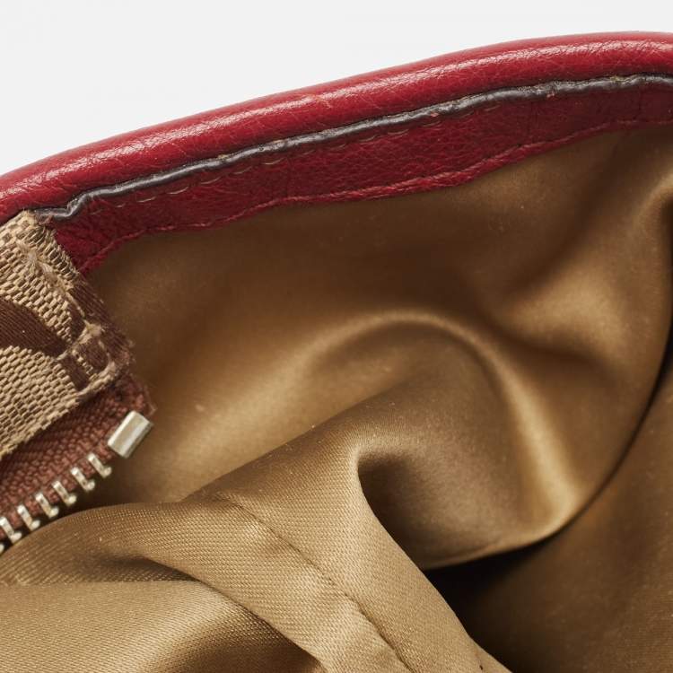 Pre Owned Coach Beige/Burgundy Signature Canvas and Leather Carrie Tote