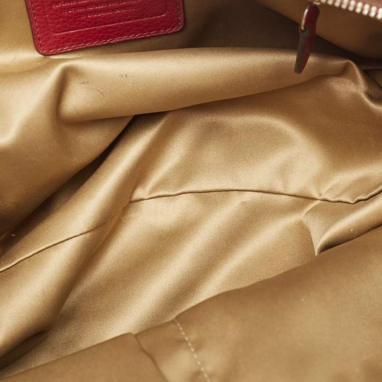 Pre Owned Coach Beige/Burgundy Signature Canvas and Leather Carrie Tote