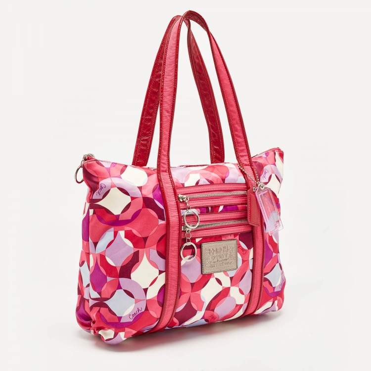 Pre Owned Coach Pink Signature Satin and Patent Leather Tote