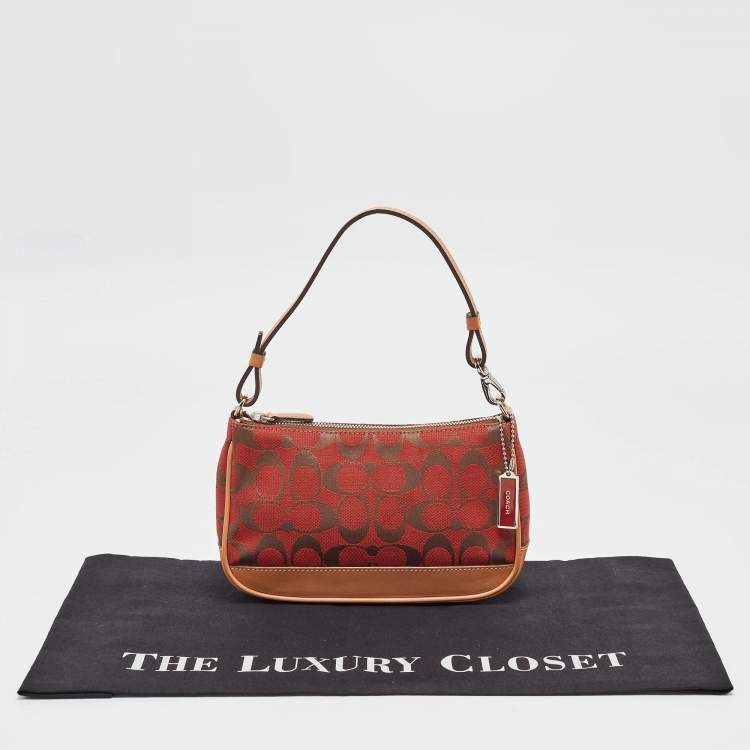Pre Owned Coach Red/Beige Signature Canvas and Leather Pochette Bag