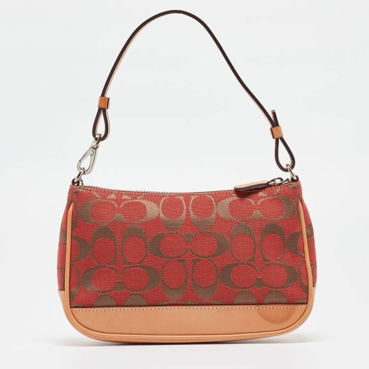 Pre Owned Coach Red/Beige Signature Canvas and Leather Pochette Bag