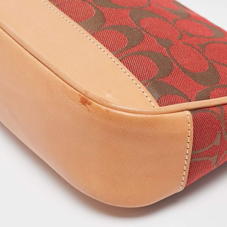 Pre Owned Coach Red/Beige Signature Canvas and Leather Pochette Bag