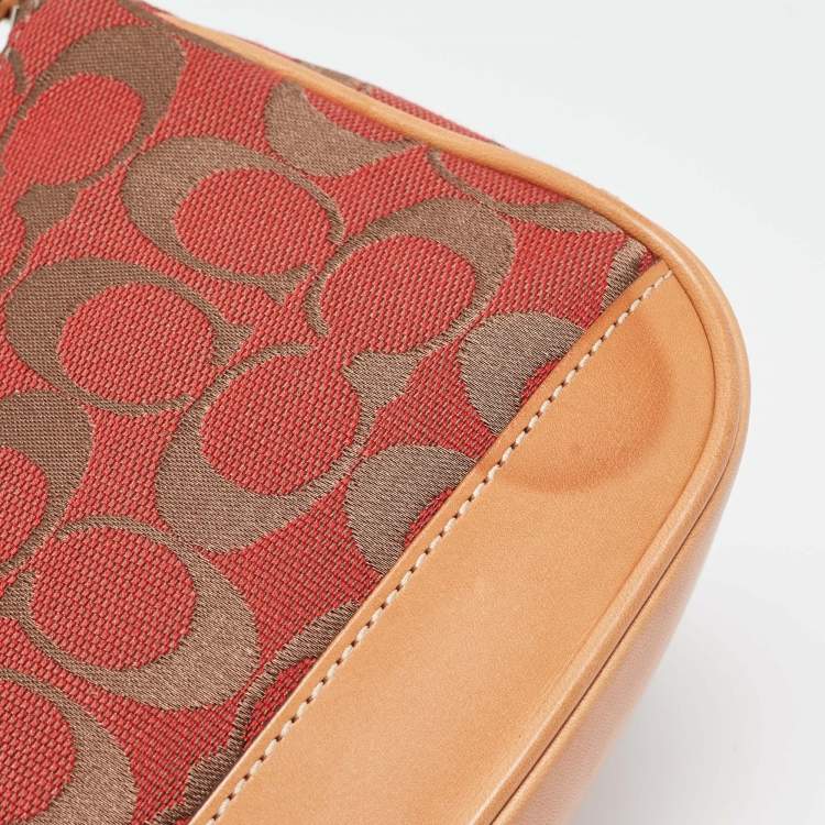 Pre Owned Coach Red/Beige Signature Canvas and Leather Pochette Bag