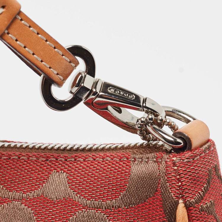 Pre Owned Coach Red/Beige Signature Canvas and Leather Pochette Bag