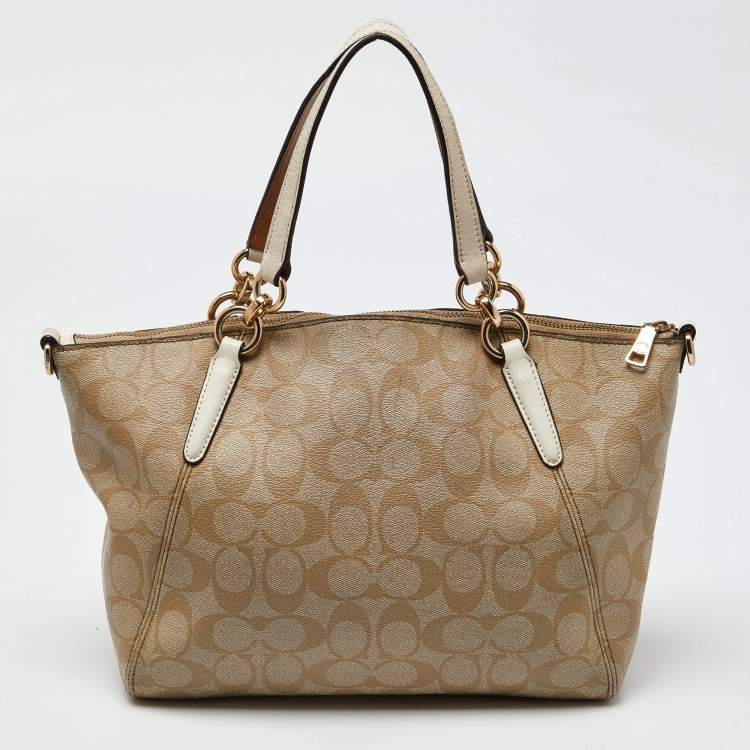 Pre Owned Coach Tri Color Signature Coated Canvas  and Leather Small Kelsey Satchel