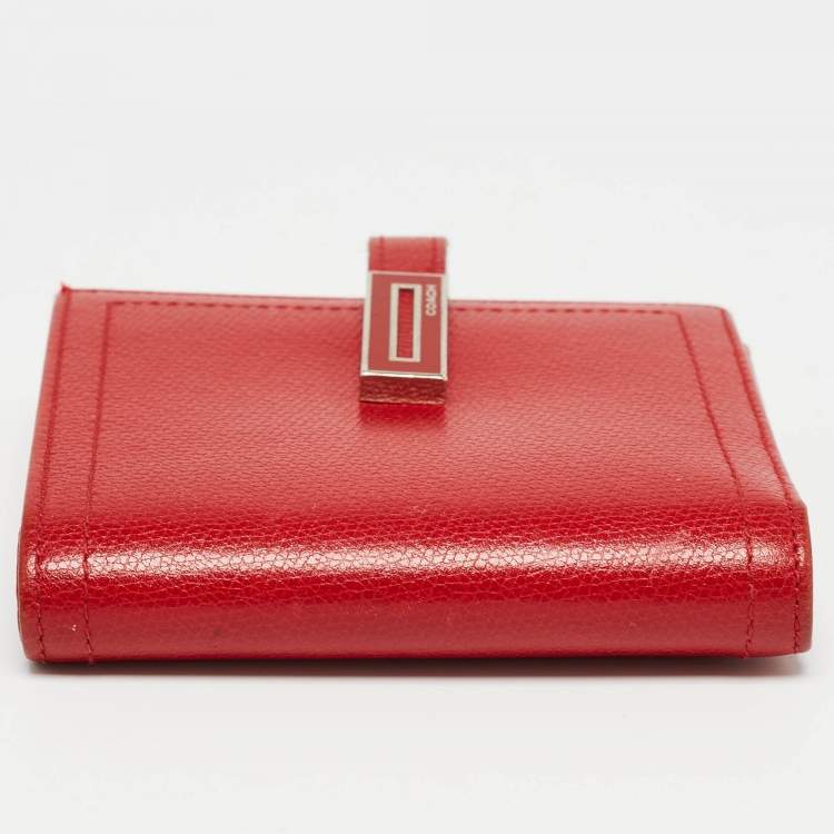 Pre Owned Coach Red Leather Metal Flap Compact Wallet