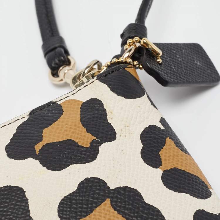 Pre Owned Coach Black/Brown Leopard Print Leather Zip Wristlet Pouch