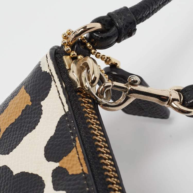 Pre Owned Coach Black/Brown Leopard Print Leather Zip Wristlet Pouch