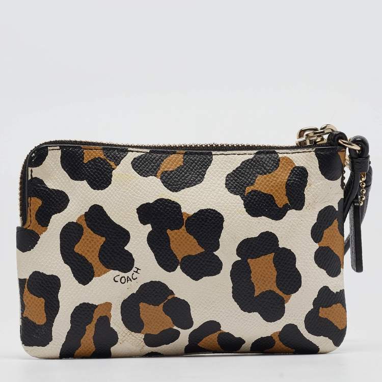 Pre Owned Coach Black/Brown Leopard Print Leather Zip Wristlet Pouch