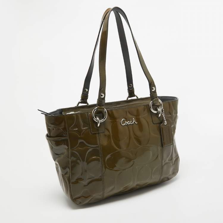 Pre Owned Coach Olive Green Op Art Embossed Patent Leather East West Gallery Tote