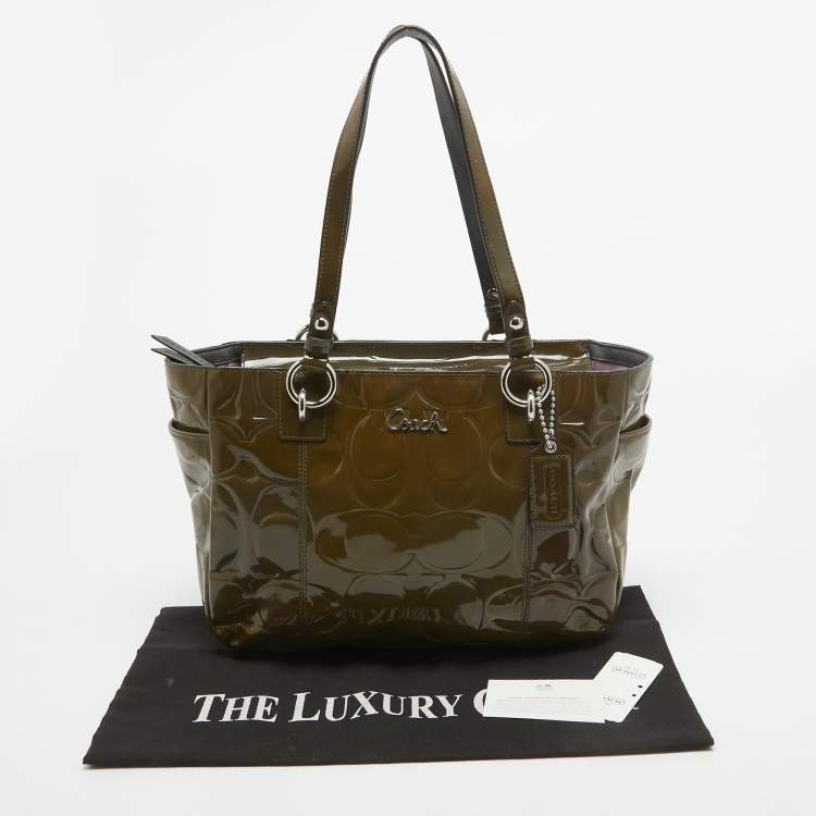 Pre Owned Coach Olive Green Op Art Embossed Patent Leather East West Gallery Tote
