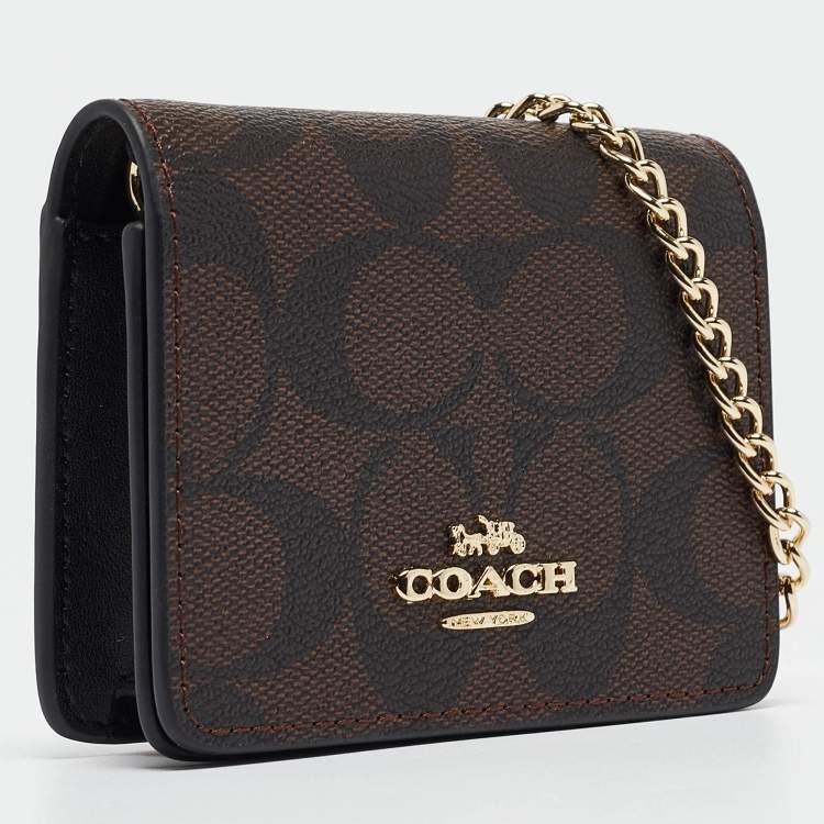مملوكة مسبقًا Coach Black/Brown Signature Coated Canvas and Leather Mini Chain Card Case