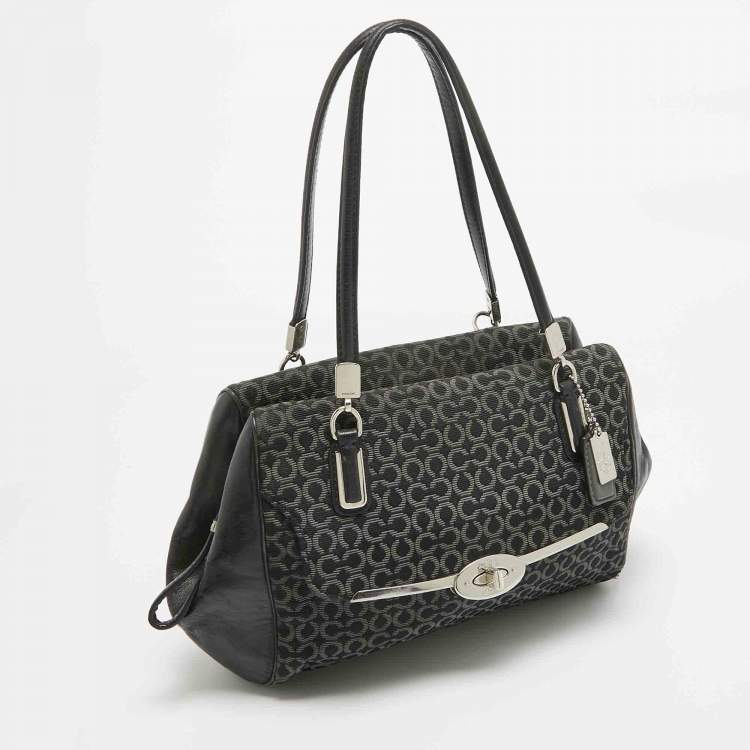 Pre Owned Coach Black Op Art Fabric and Leather Madison Madeline Satchel