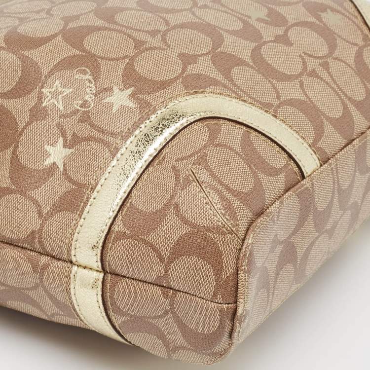 Pre Owned Coach Beige/Gold Signature Coated Canvas and Leather Heritage Star Tote