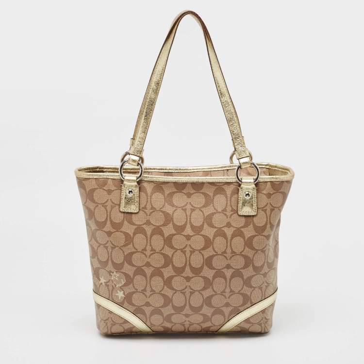 Pre Owned Coach Beige/Gold Signature Coated Canvas and Leather Heritage Star Tote