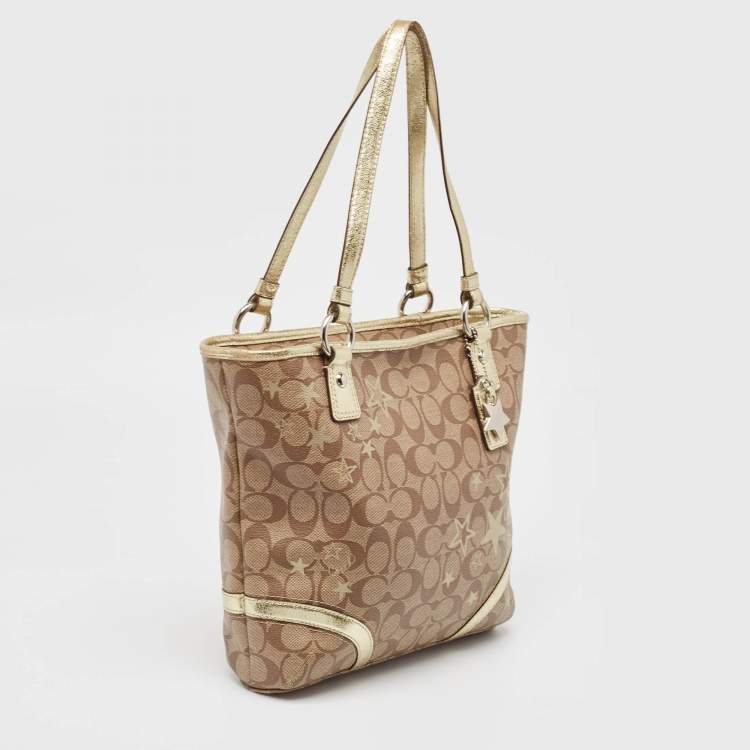 Pre Owned Coach Beige/Gold Signature Coated Canvas and Leather Heritage Star Tote