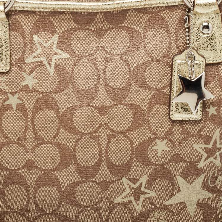Pre Owned Coach Beige/Gold Signature Coated Canvas and Leather Heritage Star Tote