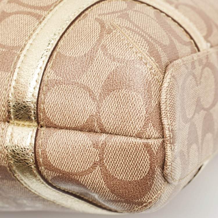 Pre Owned Coach Beige/Gold Signature Coated Canvas and Leather Heritage Star Tote