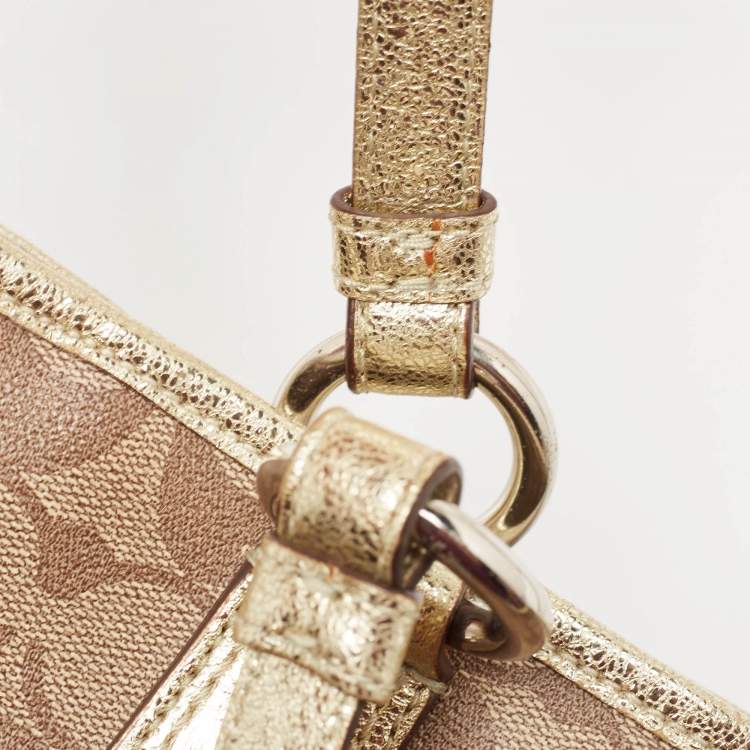 Pre Owned Coach Beige/Gold Signature Coated Canvas and Leather Heritage Star Tote