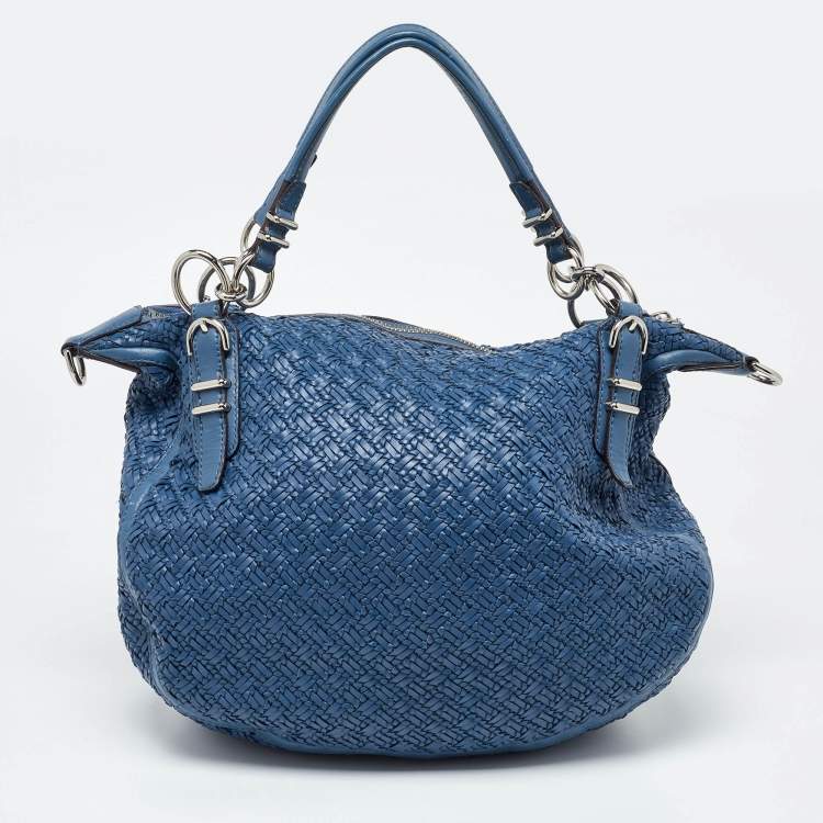 Pre Owned Coach Blue Woven Leather Kristin Hobo