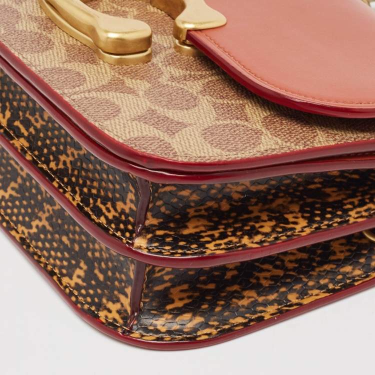 Pre Owned Coach Brown/Beige Signature Coated Canvas, Python Embossed and Leather Idol Bag