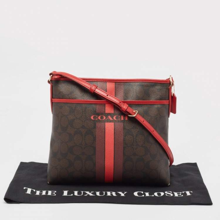 Pre Owned Coach Dark Brown/Red Signature Coated Canvas Varsity Striped File Crossbody Bag