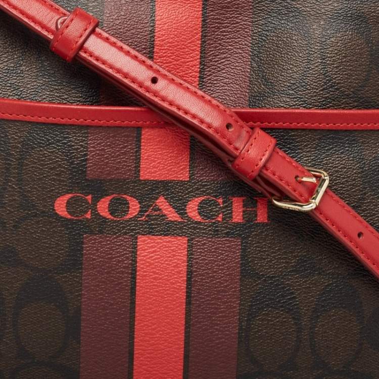 Pre Owned Coach Dark Brown/Red Signature Coated Canvas Varsity Striped File Crossbody Bag