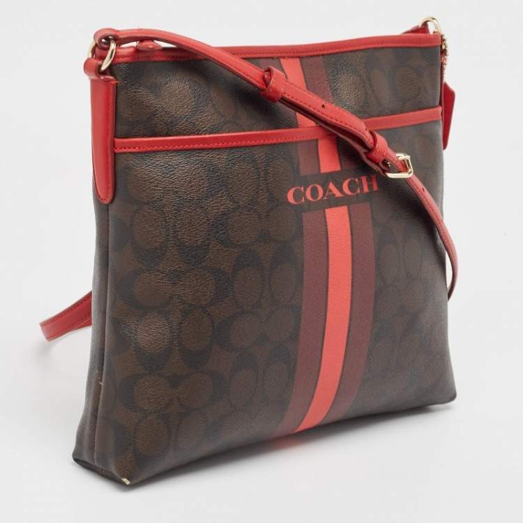 Pre Owned Coach Dark Brown/Red Signature Coated Canvas Varsity Striped File Crossbody Bag