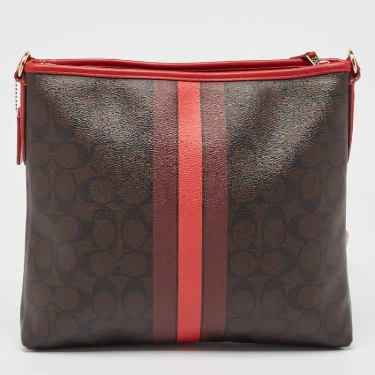Pre Owned Coach Dark Brown/Red Signature Coated Canvas Varsity Striped File Crossbody Bag
