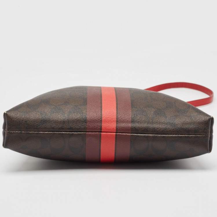 Pre Owned Coach Dark Brown/Red Signature Coated Canvas Varsity Striped File Crossbody Bag
