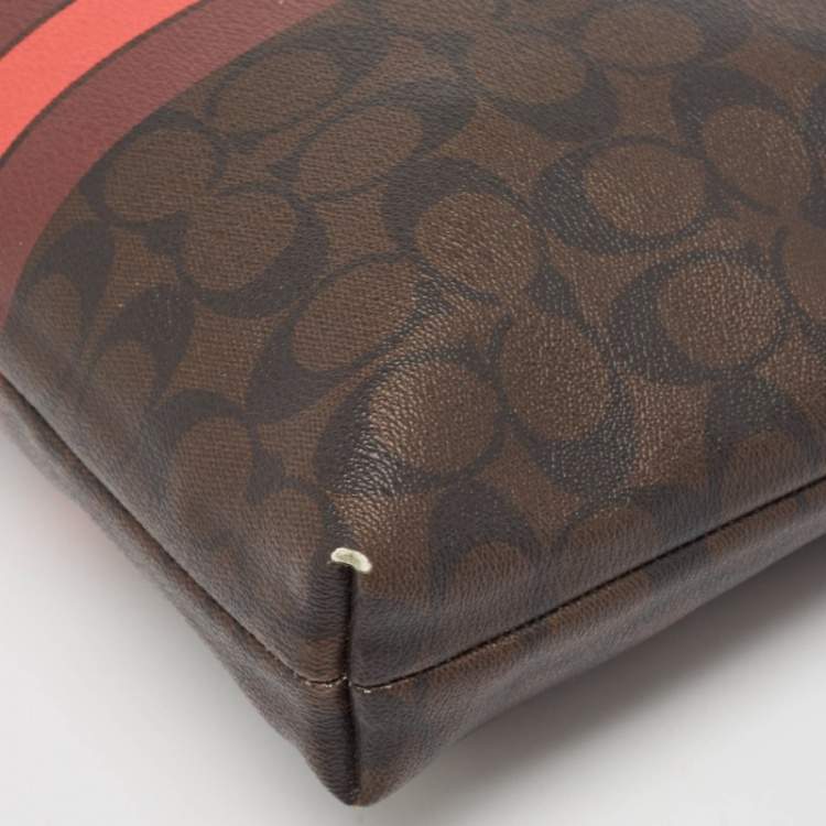 Pre Owned Coach Dark Brown/Red Signature Coated Canvas Varsity Striped File Crossbody Bag