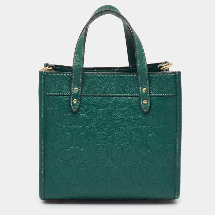 Pre Owned Coach Green Signature Embossed Leather Field Tote