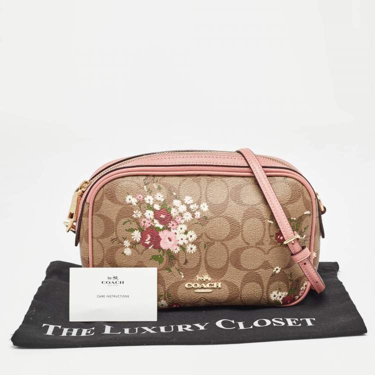 Pre Owned Coach Pink/Beige Signature Coated Canvas and Leather Isla Chain Crossbody Bag