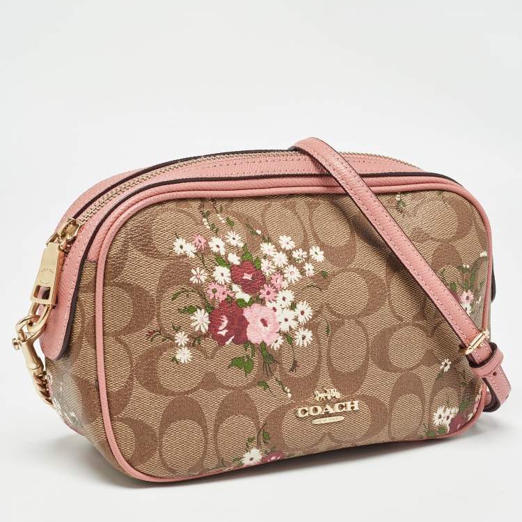 Pre Owned Coach Pink/Beige Signature Coated Canvas and Leather Isla Chain Crossbody Bag