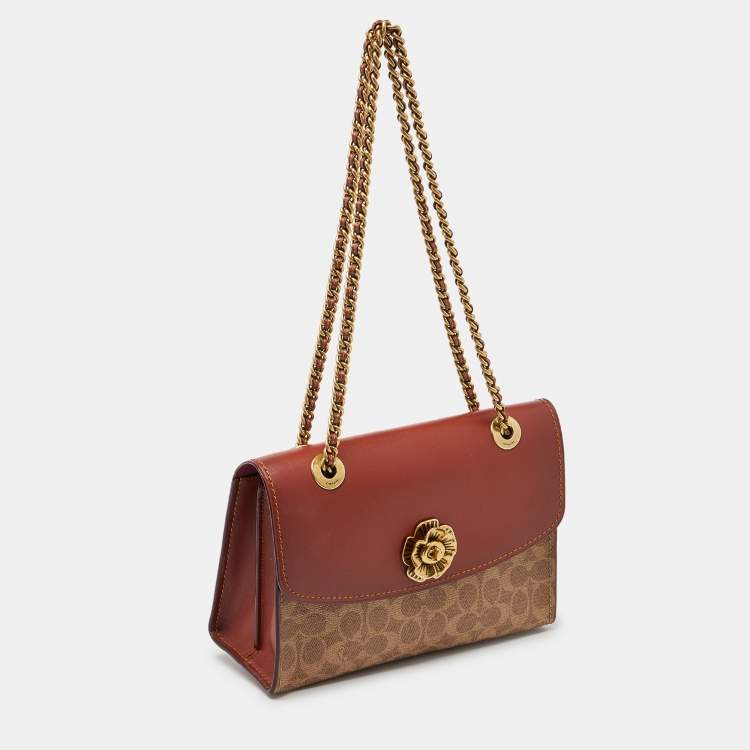 Pre Owned Coach Brown/Beige Signature Coated Canvas and Leather Parker Shoulder Bag