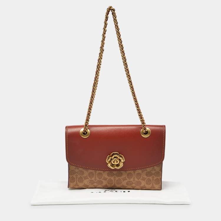 Pre Owned Coach Brown/Beige Signature Coated Canvas and Leather Parker Shoulder Bag