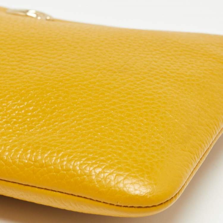 Pre Owned Coach Yellow Leather Wristlet Zip Pouch