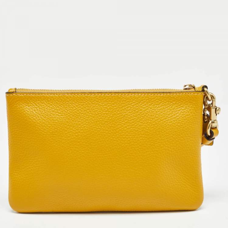 Pre Owned Coach Yellow Leather Wristlet Zip Pouch