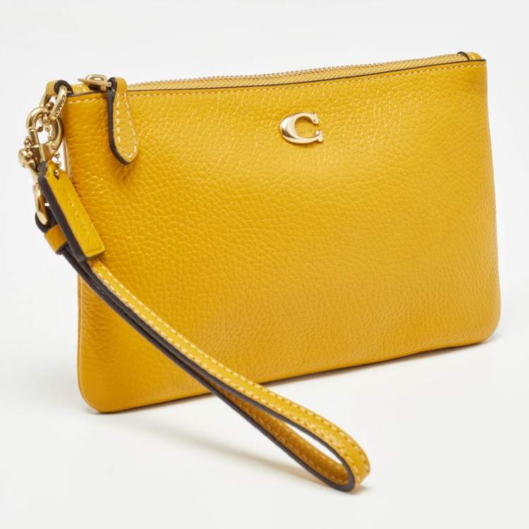 Pre Owned Coach Yellow Leather Wristlet Zip Pouch
