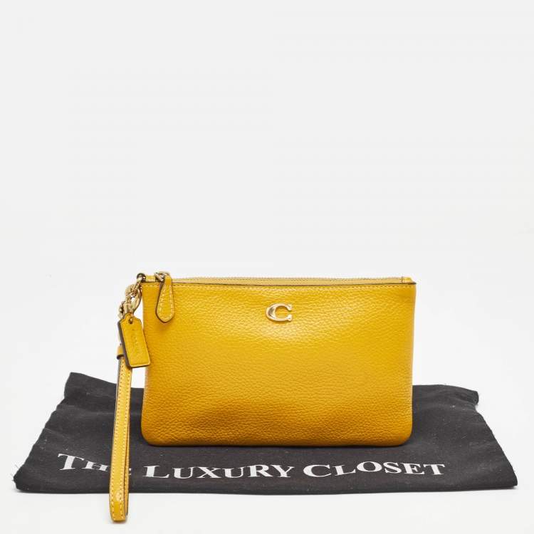 Pre Owned Coach Yellow Leather Wristlet Zip Pouch