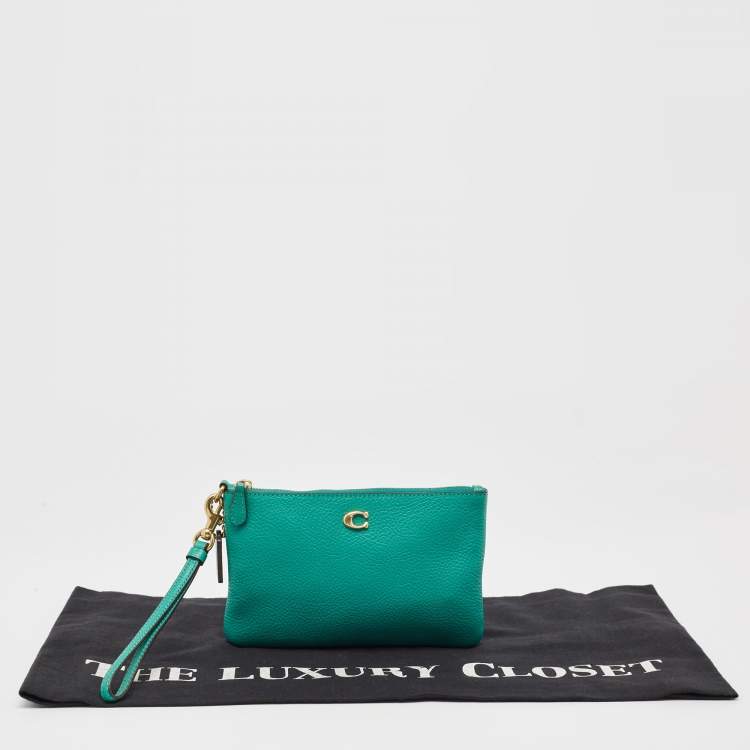 Pre Owned Coach Green Leather Wristlet Zip Pouch