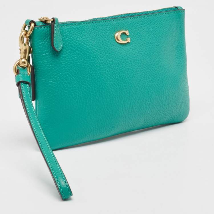 Pre Owned Coach Green Leather Wristlet Zip Pouch