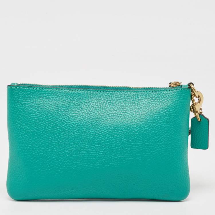 Pre Owned Coach Green Leather Wristlet Zip Pouch