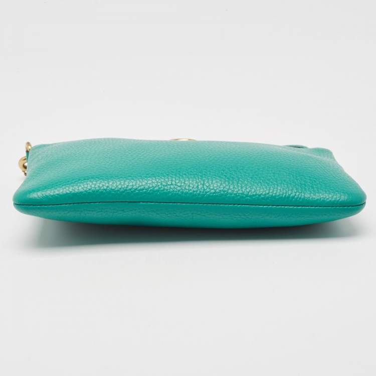 Pre Owned Coach Green Leather Wristlet Zip Pouch