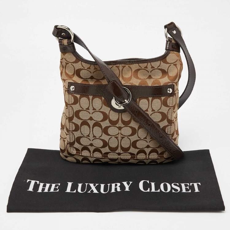 Pre Owned Coach Brown/Beige Signature Canvas and Patent Leather Crossbody Bag