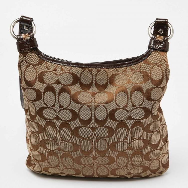 Pre Owned Coach Brown/Beige Signature Canvas and Patent Leather Crossbody Bag