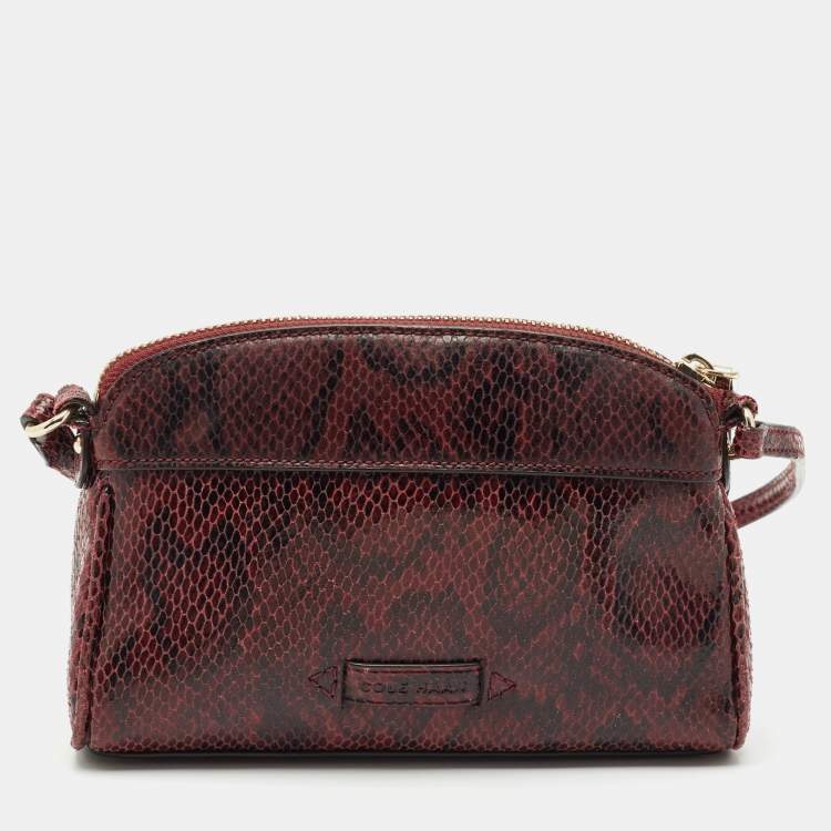 Pre Owned Cole Haan Burgundy Snakeskin Embossed Leather Zip Crossbody Bag