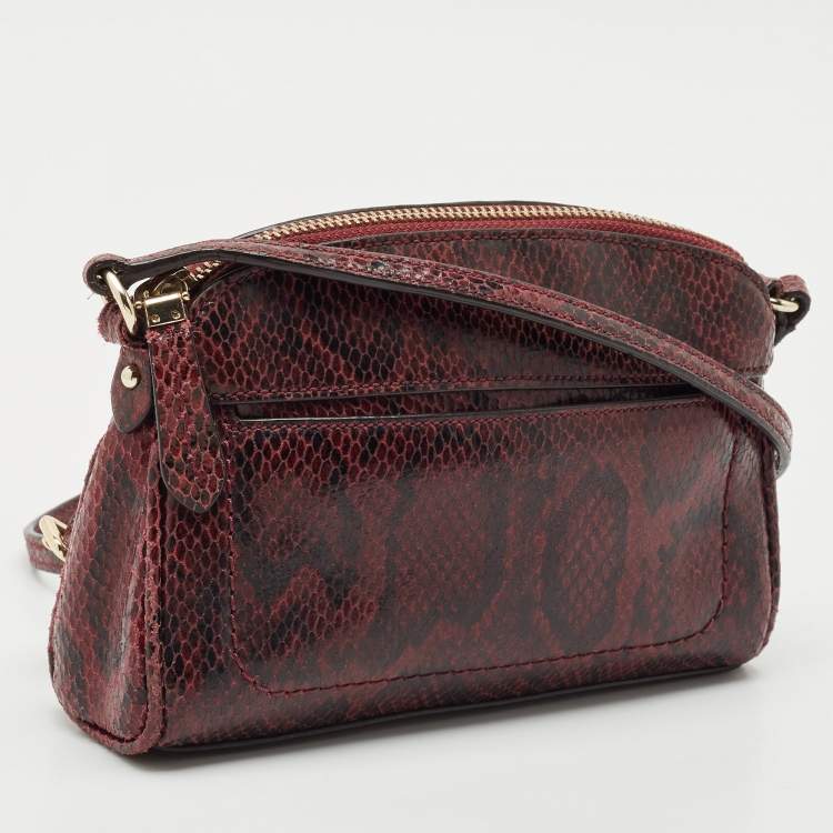 Pre Owned Cole Haan Burgundy Snakeskin Embossed Leather Zip Crossbody Bag