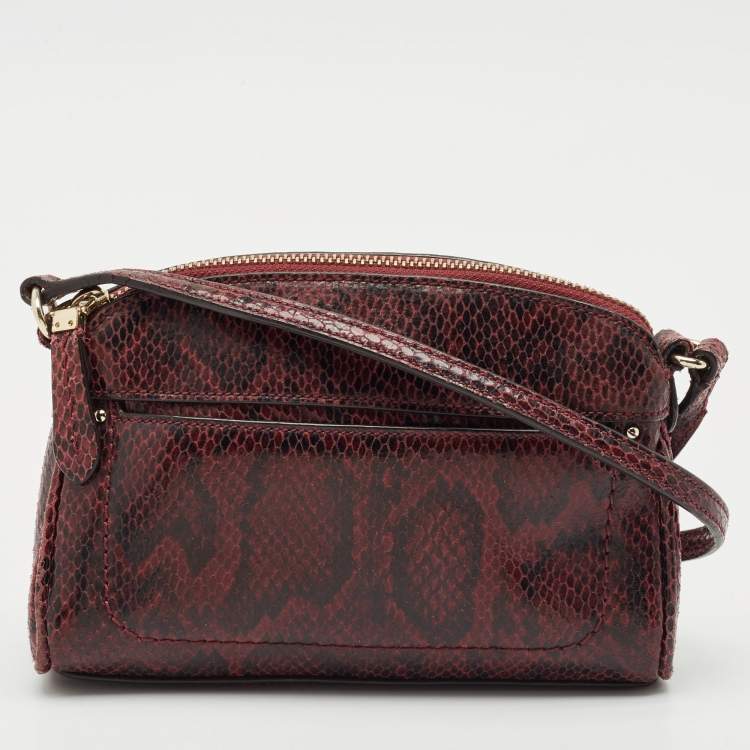 Pre Owned Cole Haan Burgundy Snakeskin Embossed Leather Zip Crossbody Bag